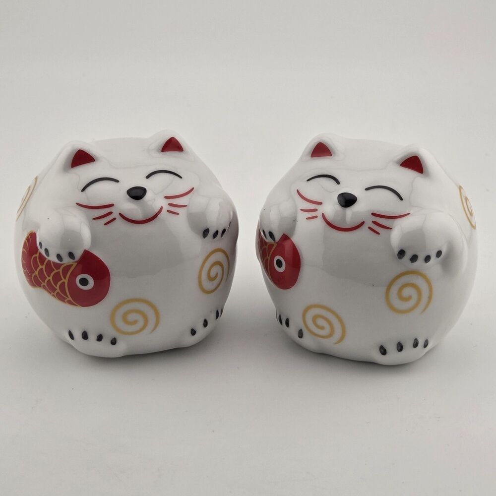 Ceramic Japanese Lucky Cats Mini Coin Banks Tai Fish Set Of 2 NEW